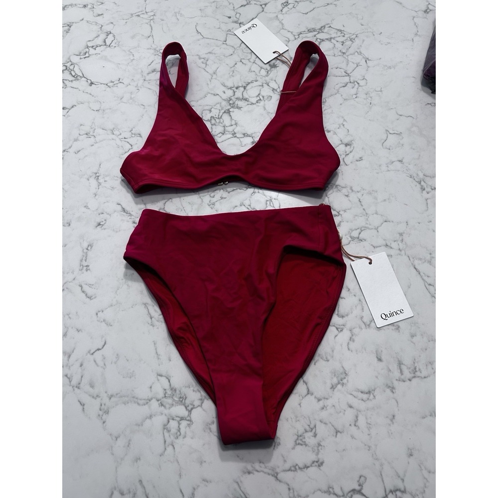 NWT Quince Cherry Red Italian Plunge Bikini Top & High Rise High Leg Bottom Set